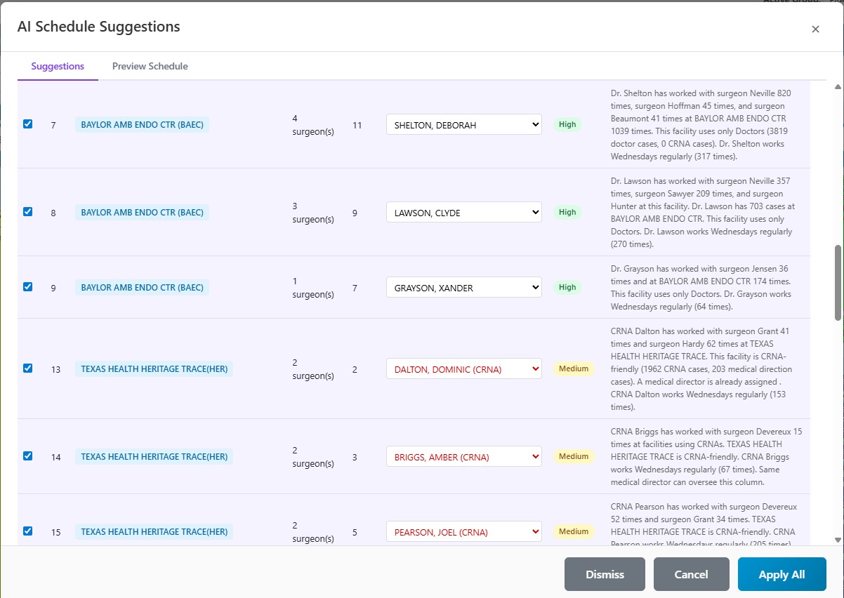 Vertex V.O.S.S. AI predictive scheduling engine showing automated provider-to-case matching with one-click review and apply for anesthesia practices