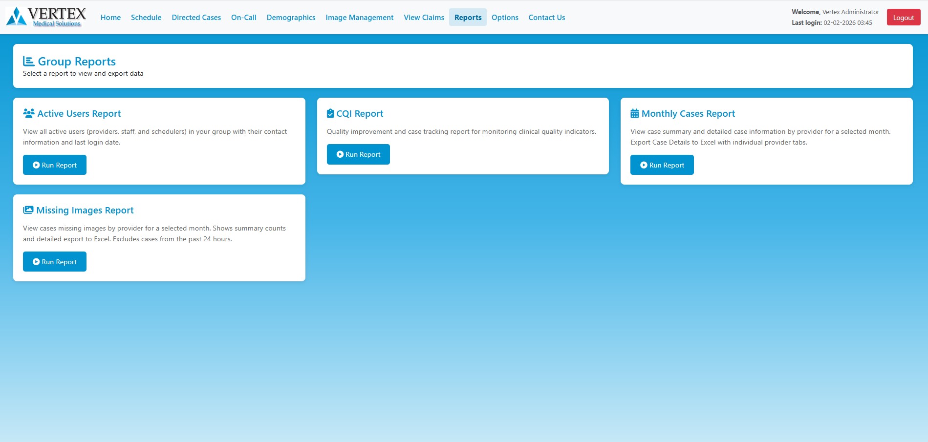 Vertex V.O.S.S. anesthesia reporting and analytics dashboard with provider productivity, facility utilization, and clinical quality metrics