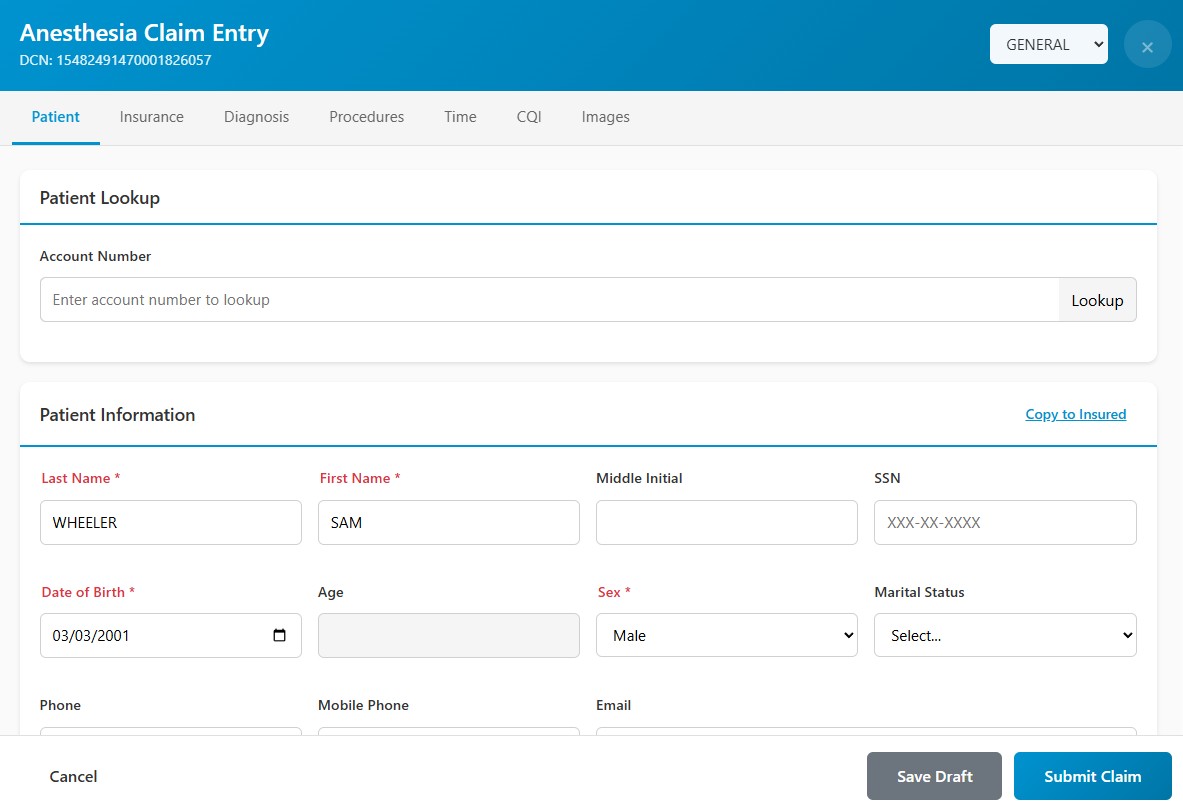 Vertex V.O.S.S. anesthesia charge capture and billing submission with auto-populated case data, ICD-10 and CPT code filtering
