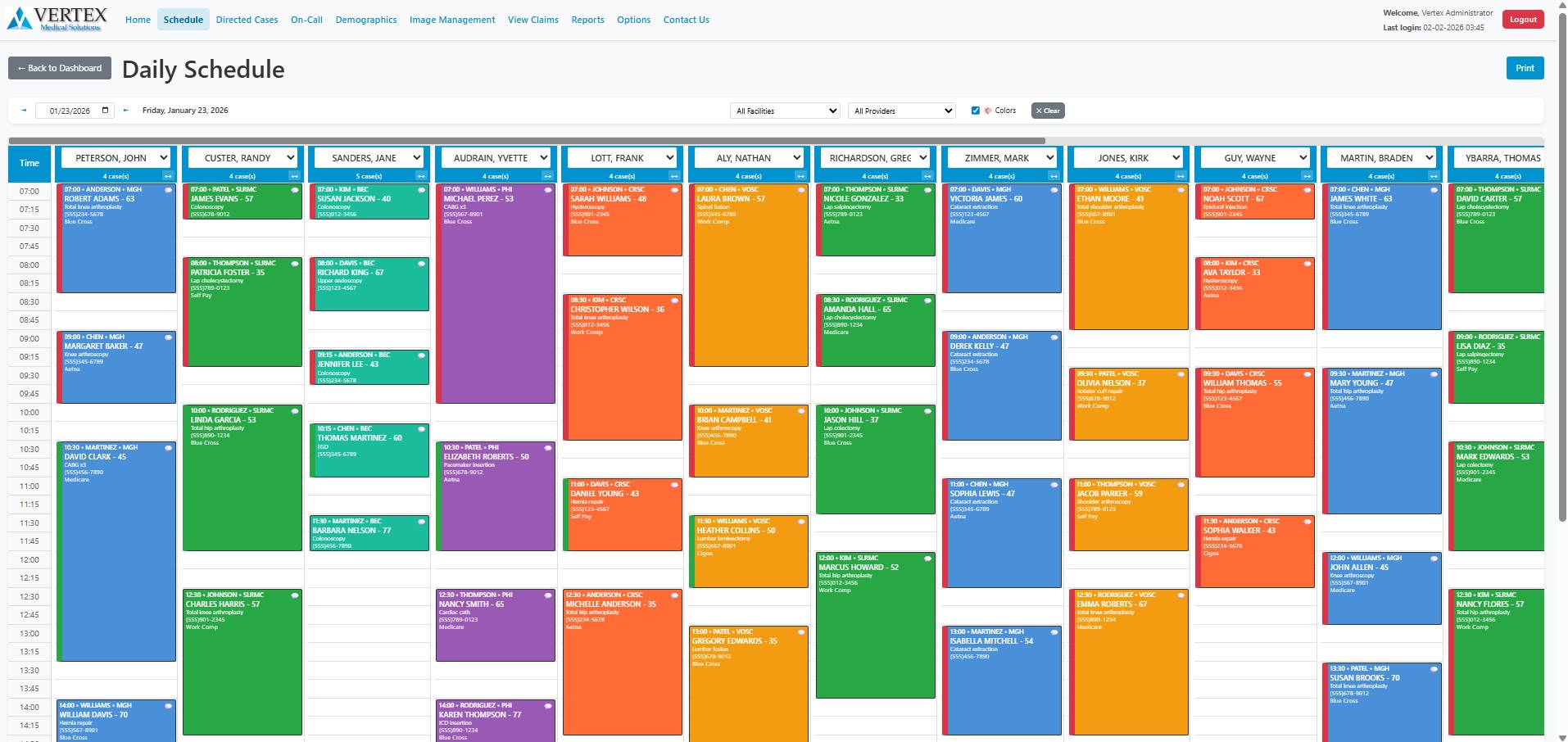 Vertex V.O.S.S. daily anesthesia schedule management dashboard showing real-time multi-facility case tracking with color-coded facilities and drag-and-drop reassignment
