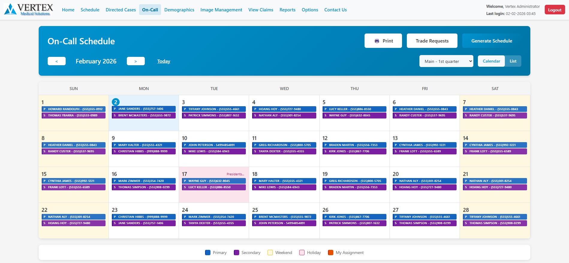 Vertex V.O.S.S. on-call schedule generator with automated fairness tracking, trade requests, and calendar view for anesthesia groups